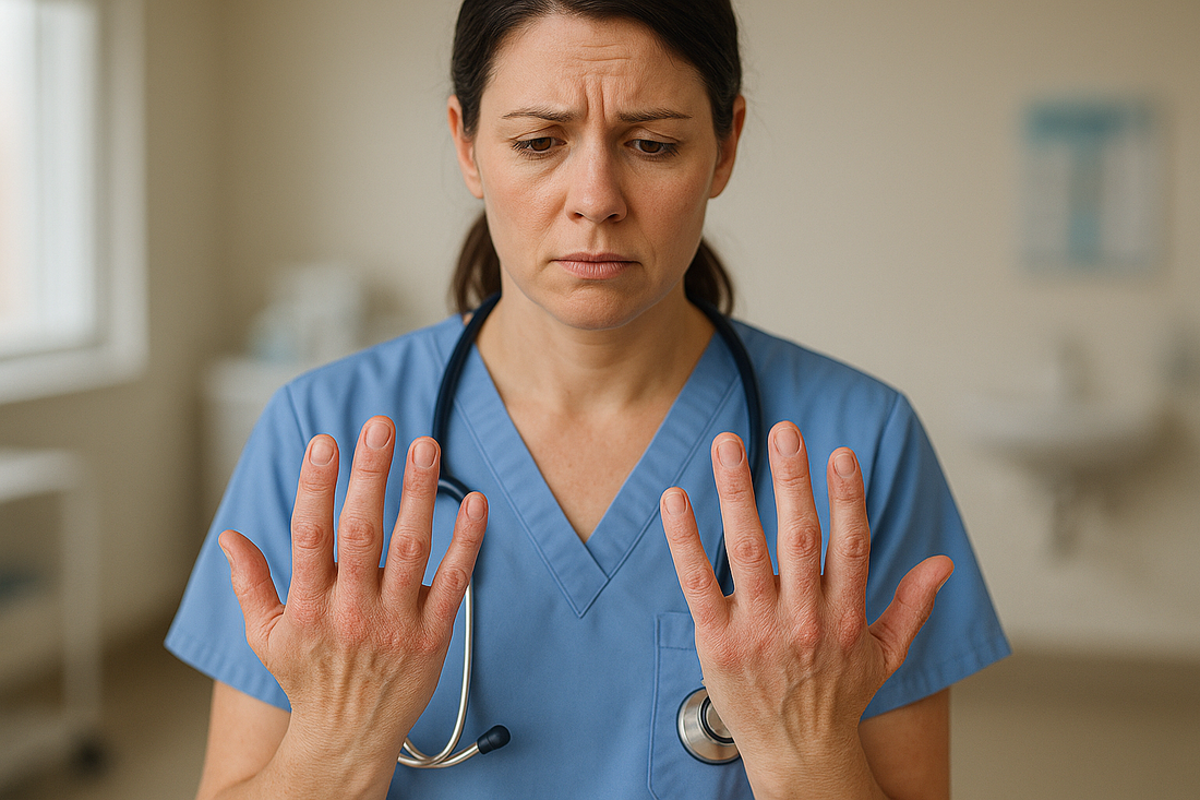 A female healthcare professional in blue scrubs looks down at her dry, red, and irritated hands with concern, highlighting the toll of frequent handwashing.