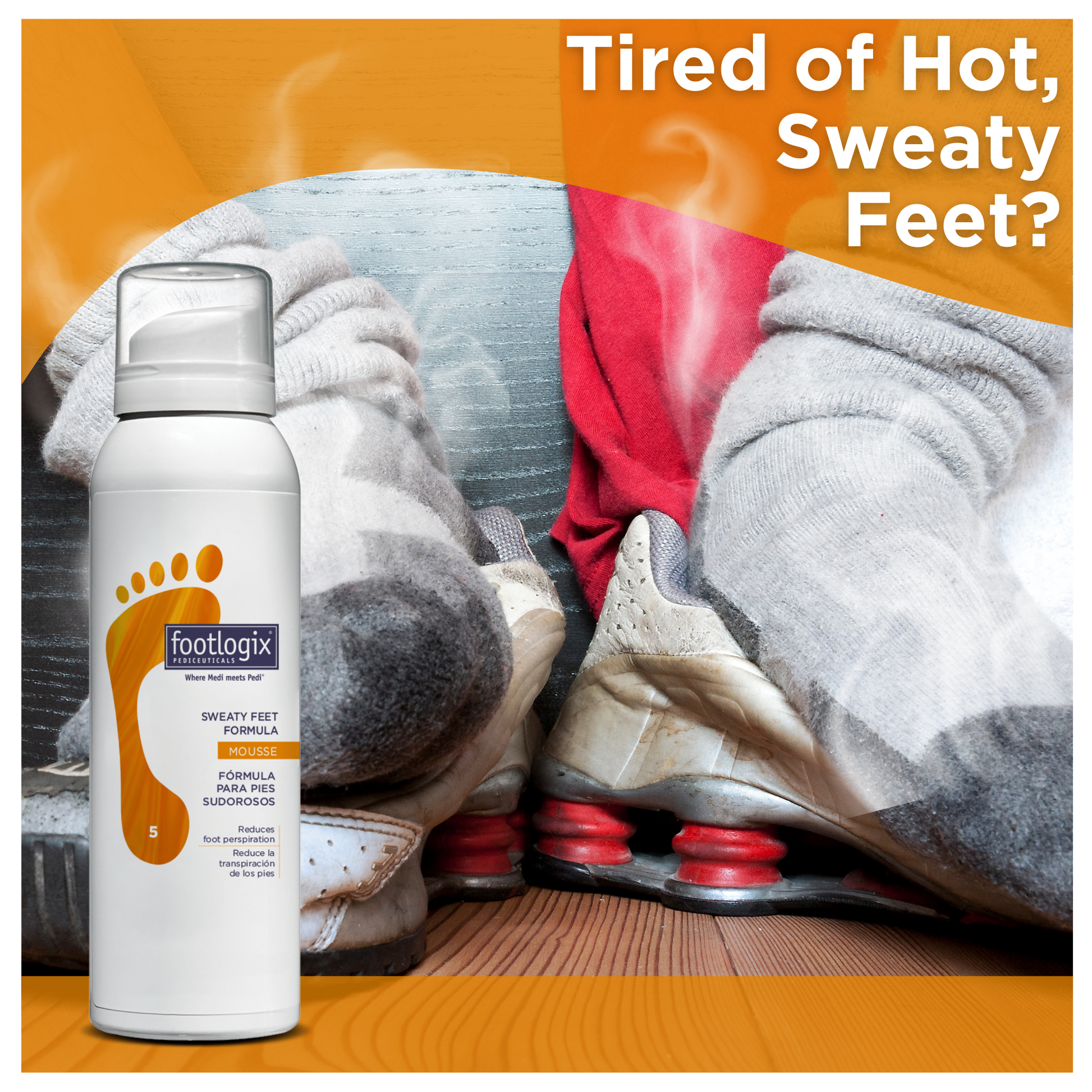 A dramatic image of sweaty feet inside steamy sneakers with visible moisture. The Footlogix Sweaty Feet Formula can appears in the corner with bold text: “Tired of Hot, Sweaty Feet?”