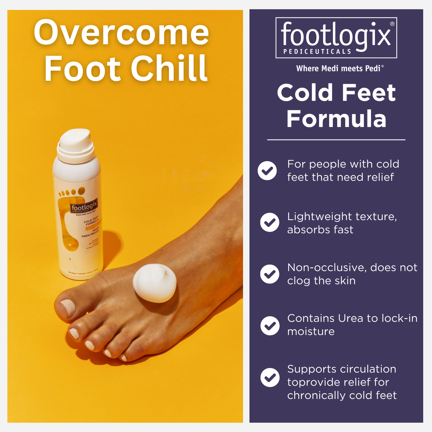 Foot with a walnut-sized amount of mousse on top, next to a Footlogix Cold Feet Formula Mousse bottle on a bright yellow background, with features listed: relief for cold feet, fast absorption, non-clogging, moisture-locking, and circulation support.