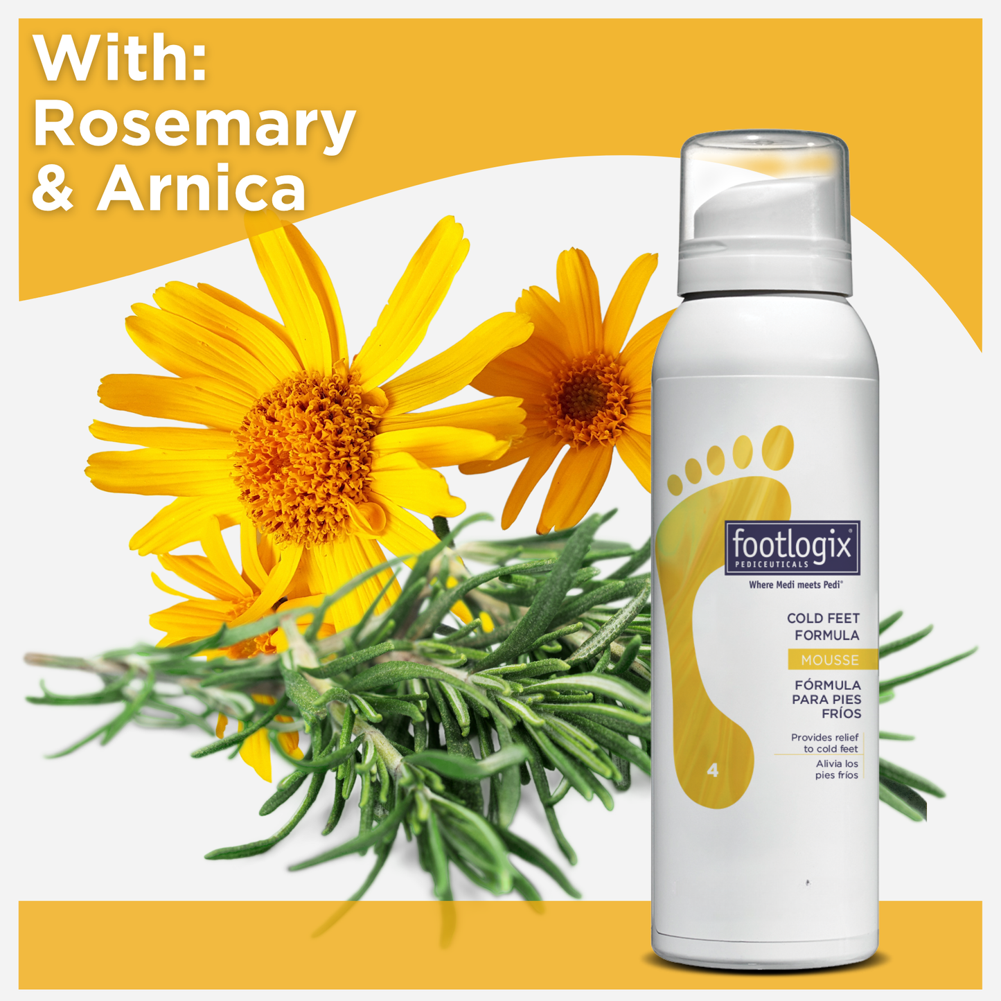 Footlogix Cold Feet Formula Mousse bottle placed next to fresh sprigs of rosemary and bright yellow arnica flowers, highlighting natural ingredients.