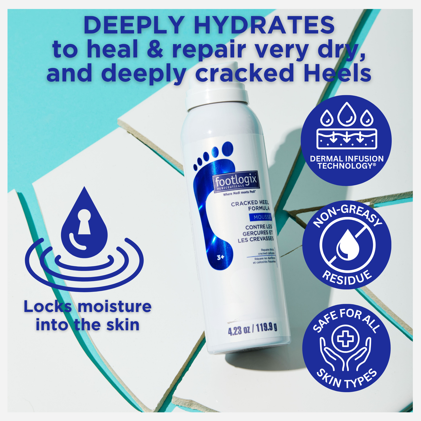 Footlogix Cracked Heel Formula Mousse canister on tile background with icons highlighting benefits: deep hydration, Dermal Infusion Technology®, non-greasy residue, locks in moisture, and safe for all skin types.