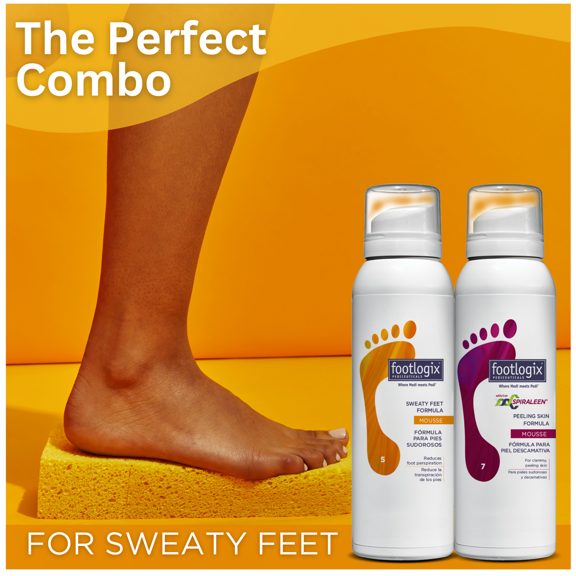 A close-up of a bare foot standing on a yellow sponge, with two Footlogix products—Sweaty Feet Formula and Peeling Skin Formula—displayed beside it. Bold text reads, “The Perfect Combo for Sweaty Feet,” set against a bright orange background.