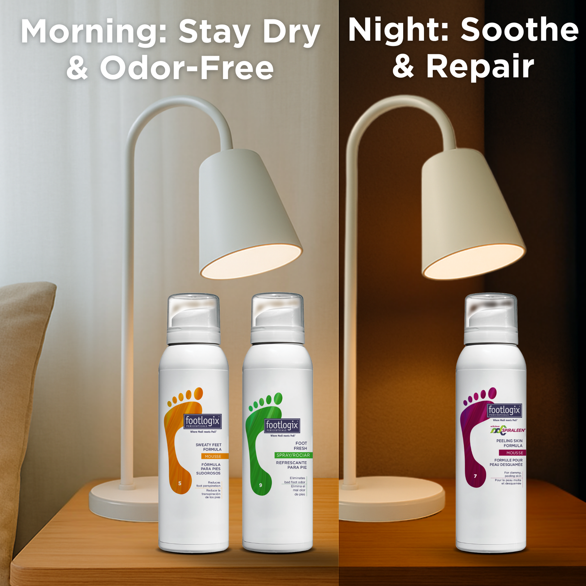 Split-scene image of a bedside table; the left side shows morning light with Sweaty Feet and Foot Fresh products, labeled “Morning: Stay Dry & Odor-Free,” and the right side shows dim evening light with the Peeling Skin Formula, labeled “Night: Soothe & Repair.”