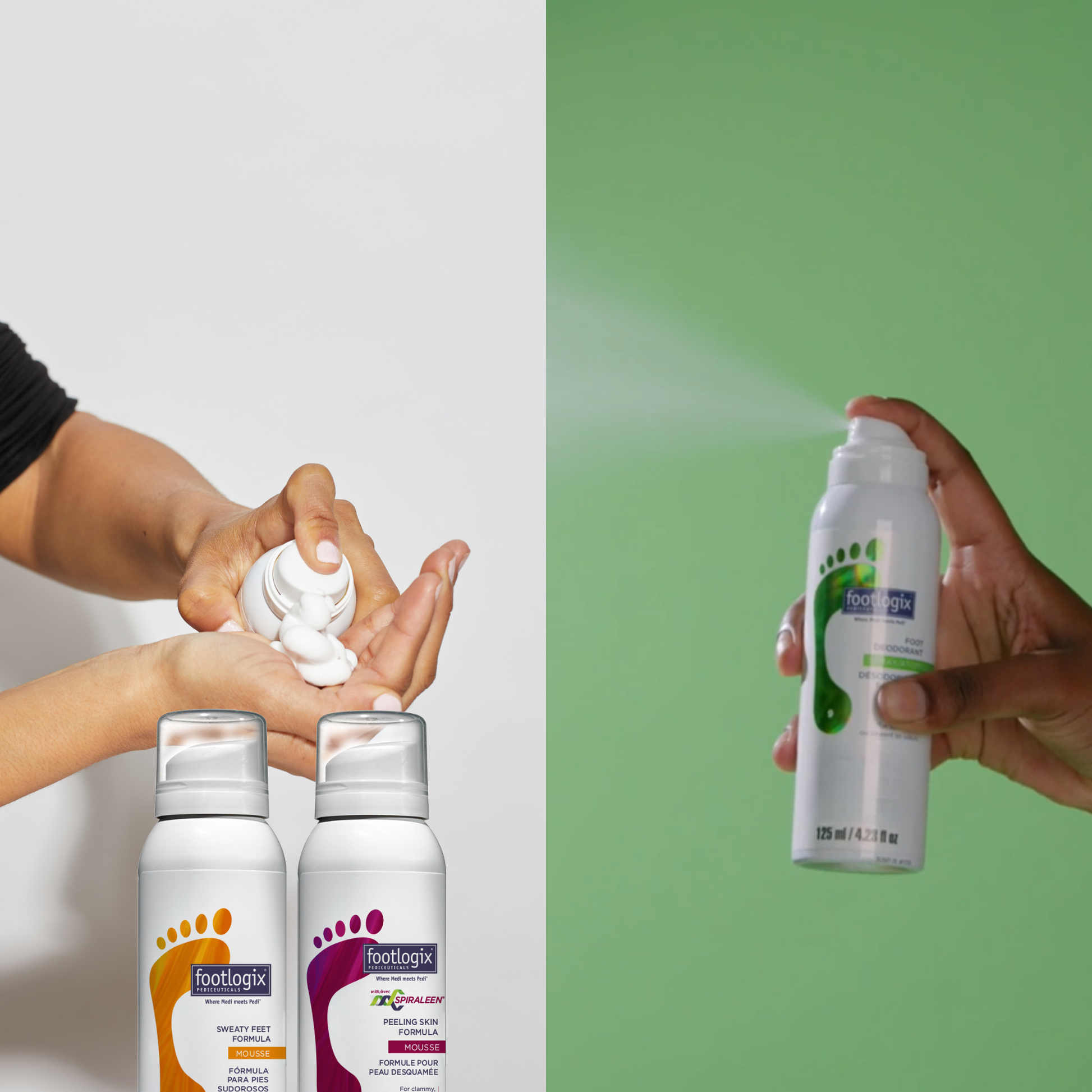 Demonstration image showing Footlogix mousse being dispensed into a hand on the left and Foot Fresh Spray being used on the right, highlighting proper usage of the Fresh Feet Reset Bundle.