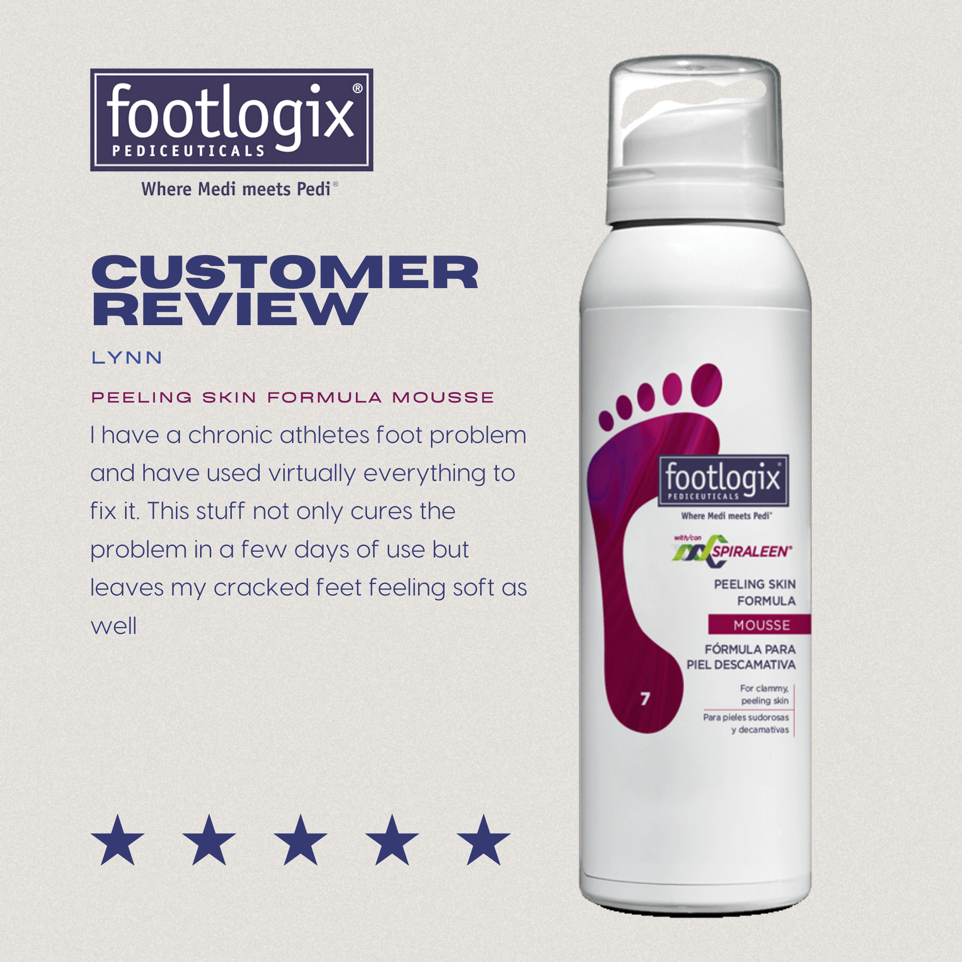 Customer review graphic featuring the Peeling Skin Formula and a testimonial praising its effectiveness for athlete’s foot and cracked skin relief.