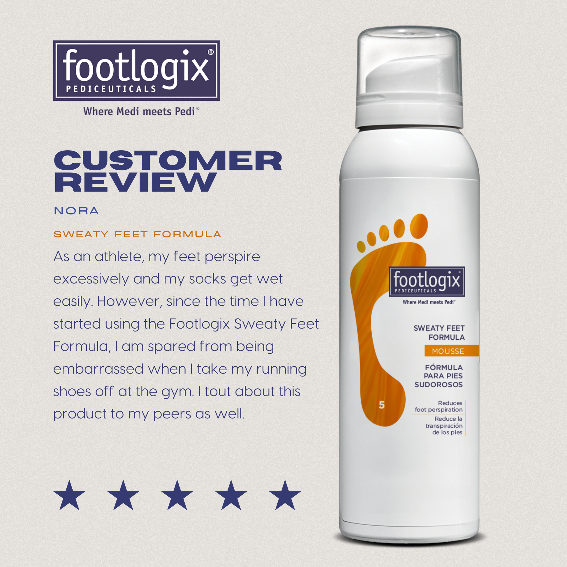 Customer review graphic featuring the Sweaty Feet Formula, with a testimonial from an athlete explaining how the product prevents embarrassment from wet socks and foot odor at the gym.