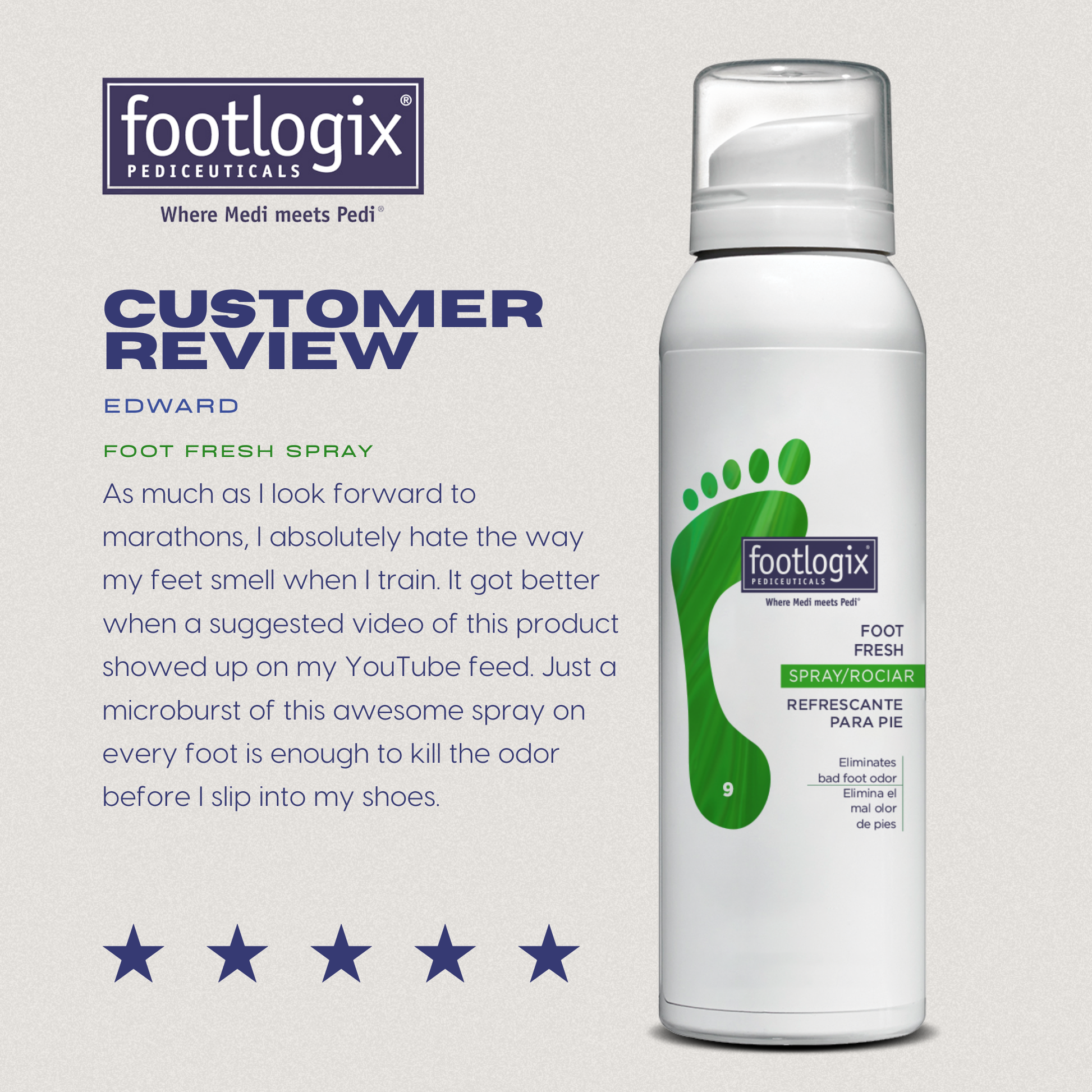 Customer review graphic featuring Foot Fresh Spray with a testimonial from a runner who uses the product to eliminate foot odor before workouts.
