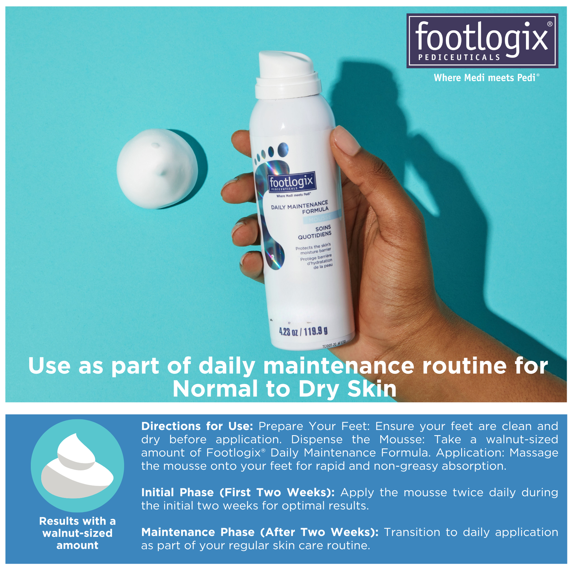 Hand holding Footlogix® Daily Maintenance Formula Mousse with a dollop of mousse shown beside it.  Text explains directions: use on clean, dry feet, massage until absorbed, and apply twice daily for first two weeks before transitioning to daily use.
