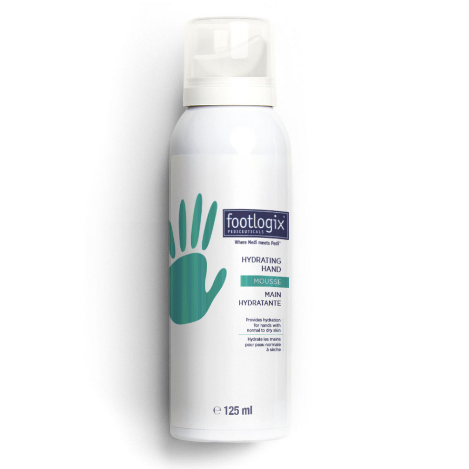 Image of a Footlogix Hydrating Hand Mousse bottle with a teal hand icon and product label, showing 125 ml size.