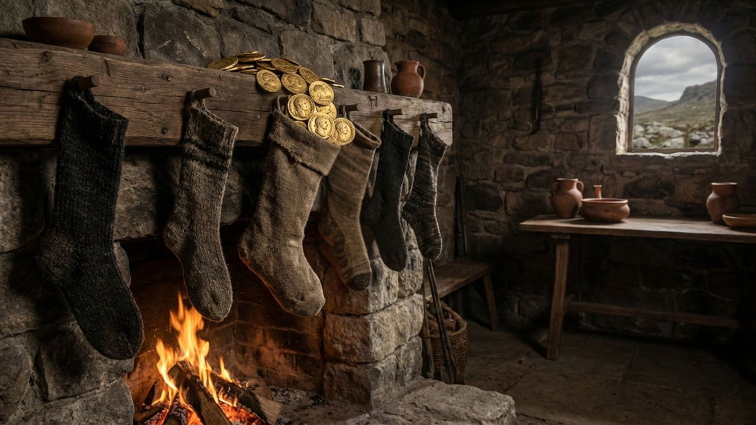 A row of rustic woolen stockings hangs over a stone fireplace with a warm fire burning below.