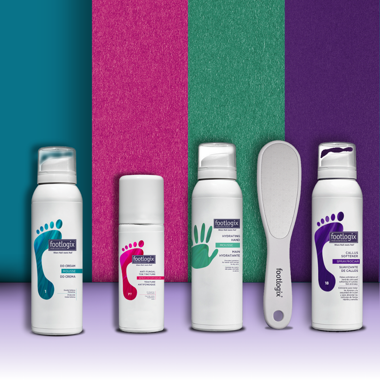 Lineup of Footlogix® bestsellers on colorful background, including DD Cream Mousse, Anti-Fungal Toe Tincture Spray, Hydrating Hand Mousse, Foot File, and Callus Softener Spray.