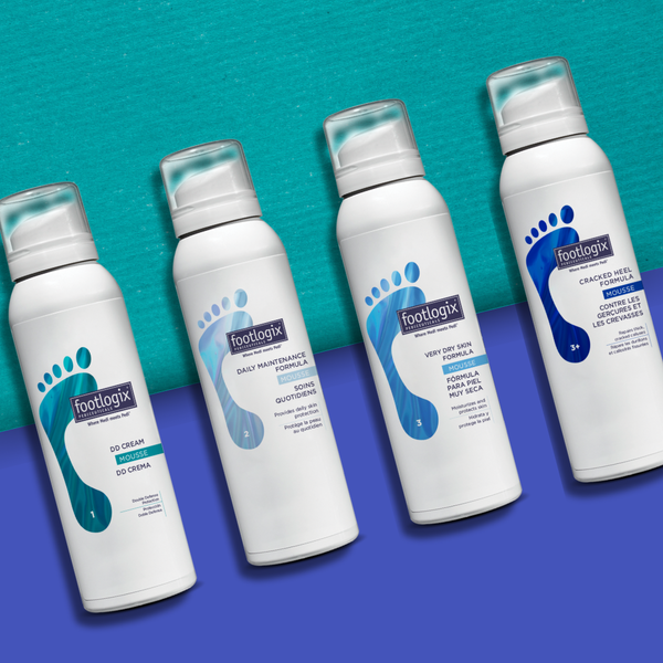 Four Footlogix hydration formulas displayed on teal and blue background, including DD Cream Mousse, Daily Maintenance Formula, Very Dry Skin Formula, and Rough Skin Formula for soft, healthy feet.