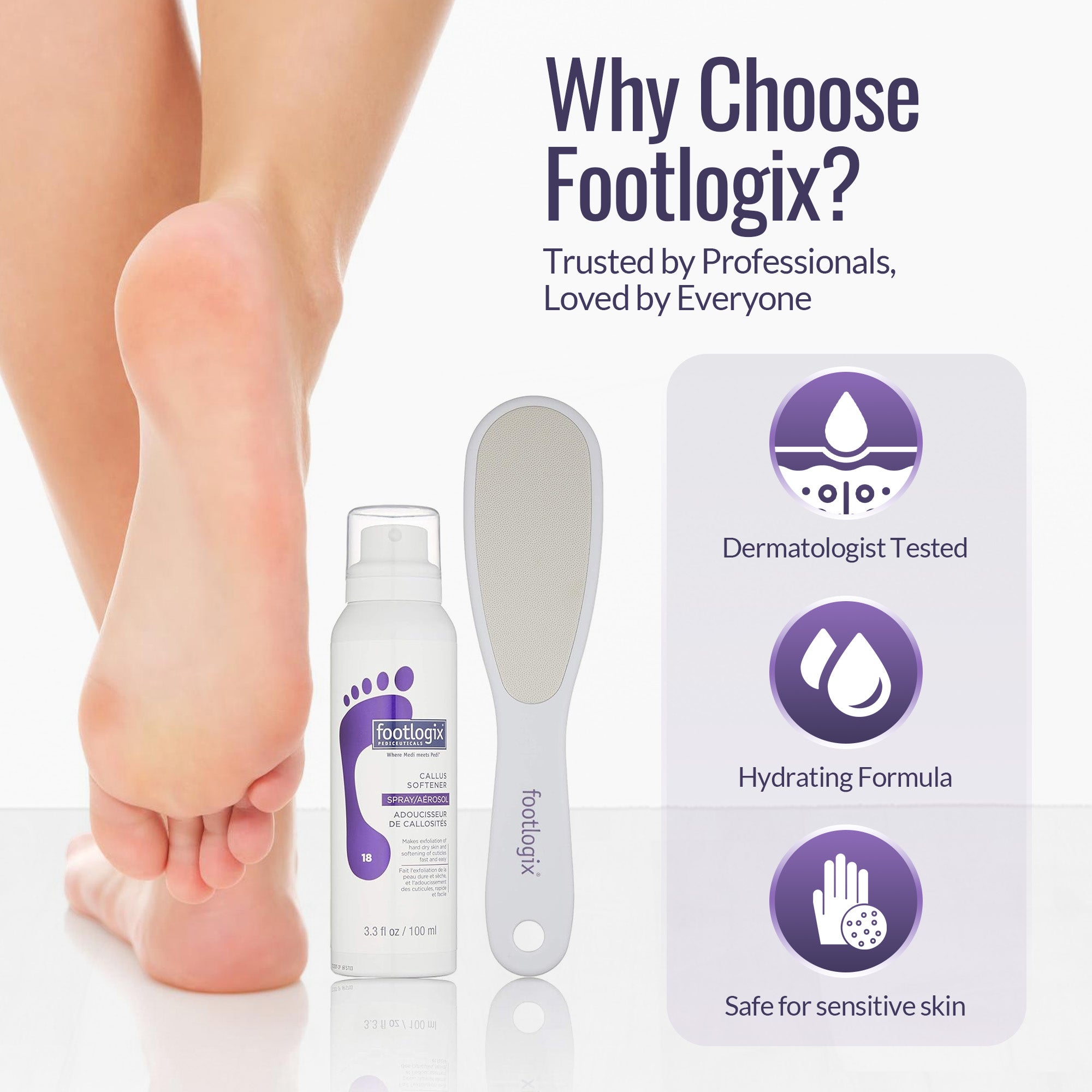 Footlogix combo with benefits highlighted: dermatologist tested, hydrating formula, and safe for sensitive skin.