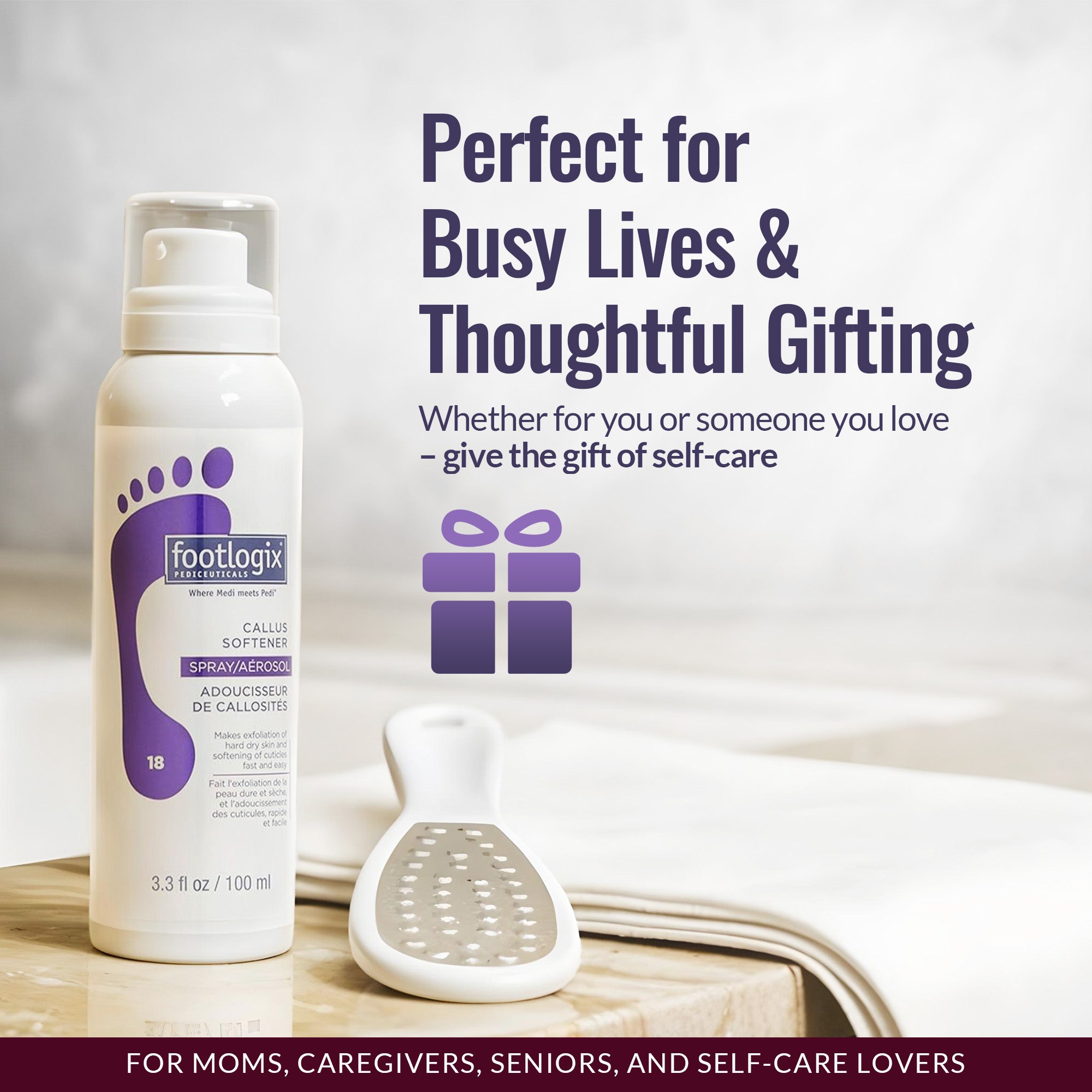 Footlogix Callus Softener and Foot File combo gift set displayed with text: 