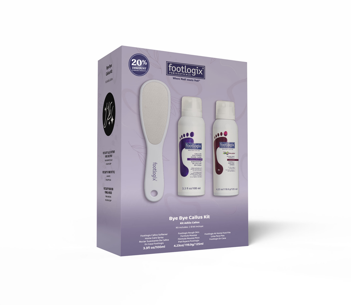 Footlogix Bye Bye Callus Kit for calluses and rough, hard skin: Callus Softener spray 100 ml, Rough Skin Formula mousse 125 ml and At Home Foot File