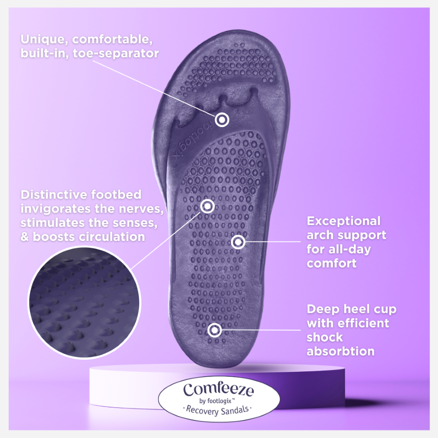 Comfeeze by Footlogix women's recovery sandals with features such as: unique, comfortable, built-in, toe-separator; distinctive footbed that invigorates the nerves, stimulates the senses, and boosts circulation; exceptional arch support for all-day comfort; deep heel cup with efficient shock absorption. 