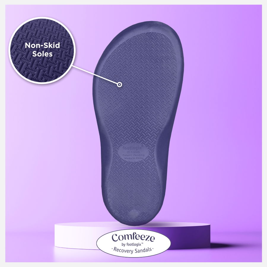 Comfeeze by Footlogix women's recovery sandals. Featuring non-skid soles with a unique textured pattern. EV foam cushion, and optimal density to support comfortable recovery