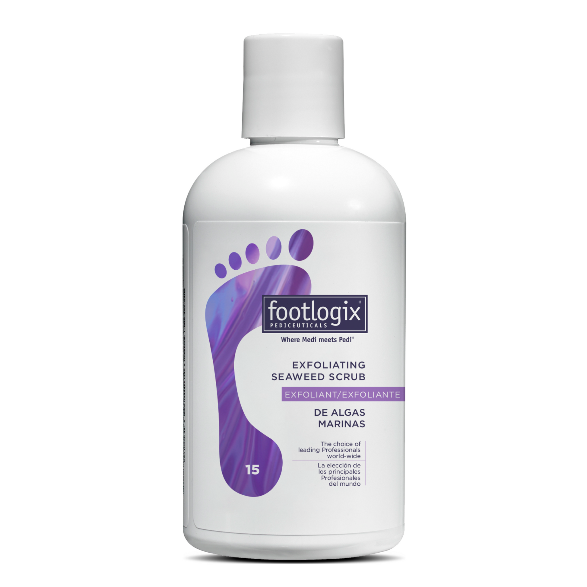 Product photo of Footlogix Exfoliating Seaweed Scrub in an 8.45 oz white bottle featuring a purple footprint design and labeled as “Exfoliant/Exfoliante.”