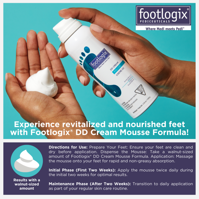 Hands holding Footlogix DD Cream Mousse with directions for use: apply walnut-sized amount twice daily for two weeks, then maintain daily; fast-absorbing, non-greasy texture shown