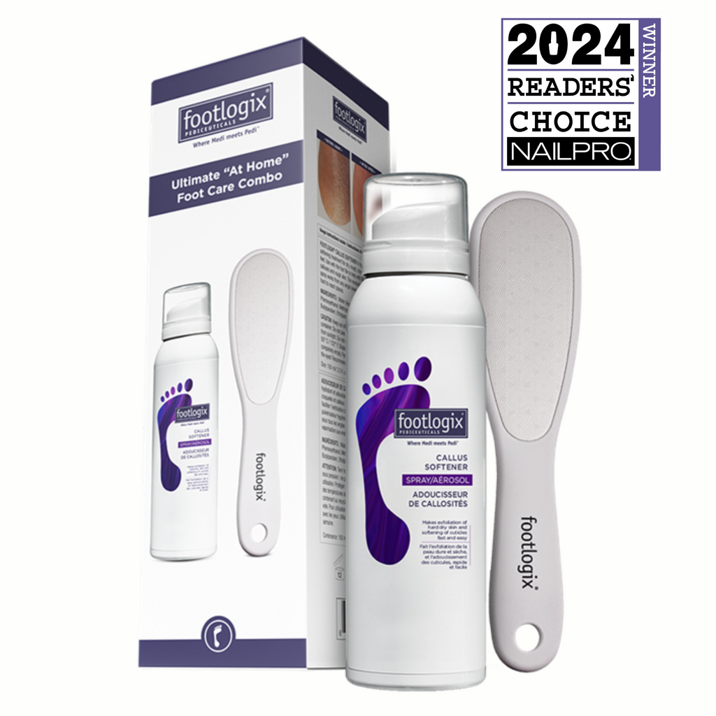 Footlogix Ultimate “At Home” Foot Care Combo retail box shown with Callus Softener spray and foot file; 2024 Nailpro Readers’ Choice Winner badge.