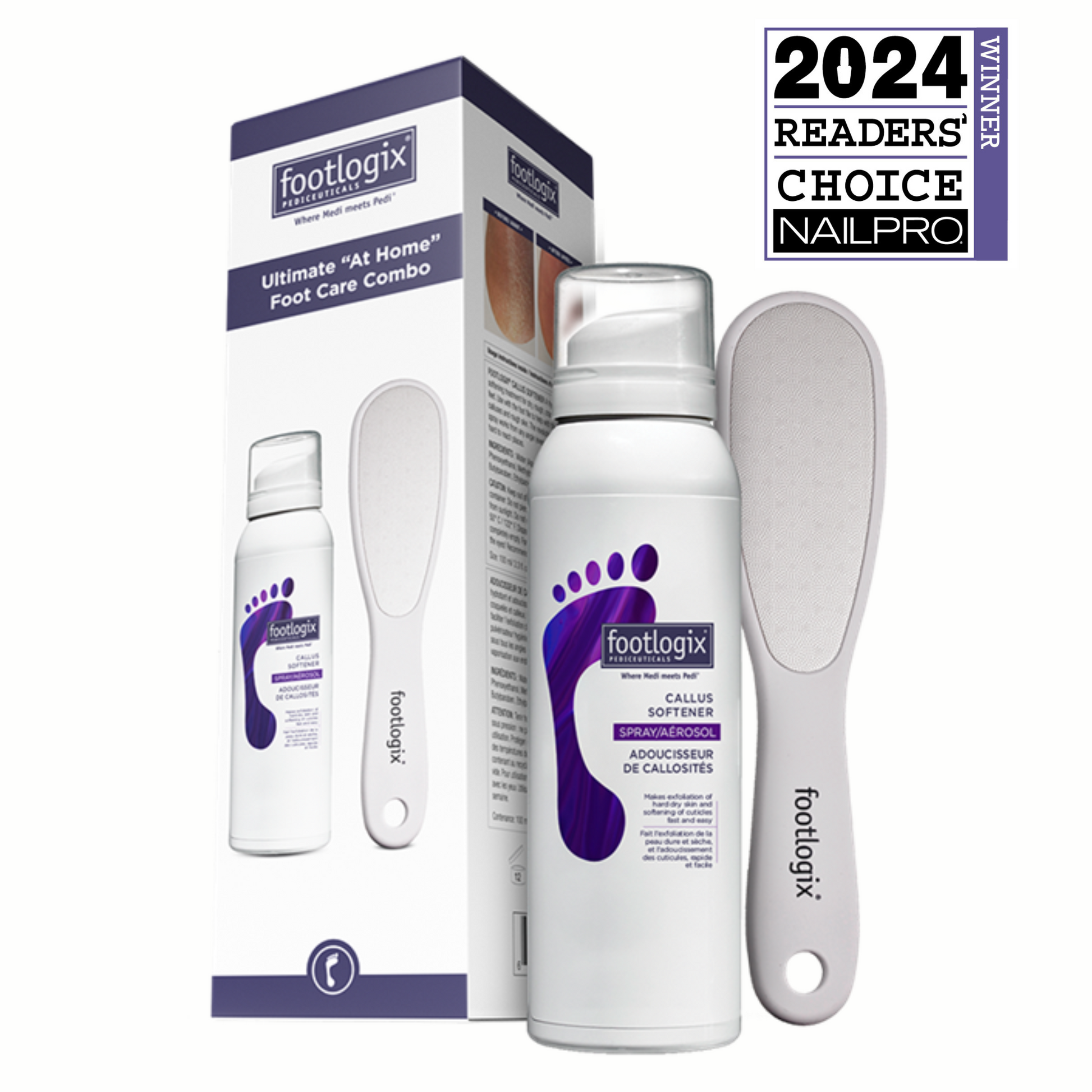 Footlogix Ultimate “At Home” Foot Care Combo retail box shown with Callus Softener spray and foot file; 2024 Nailpro Readers’ Choice Winner badge.