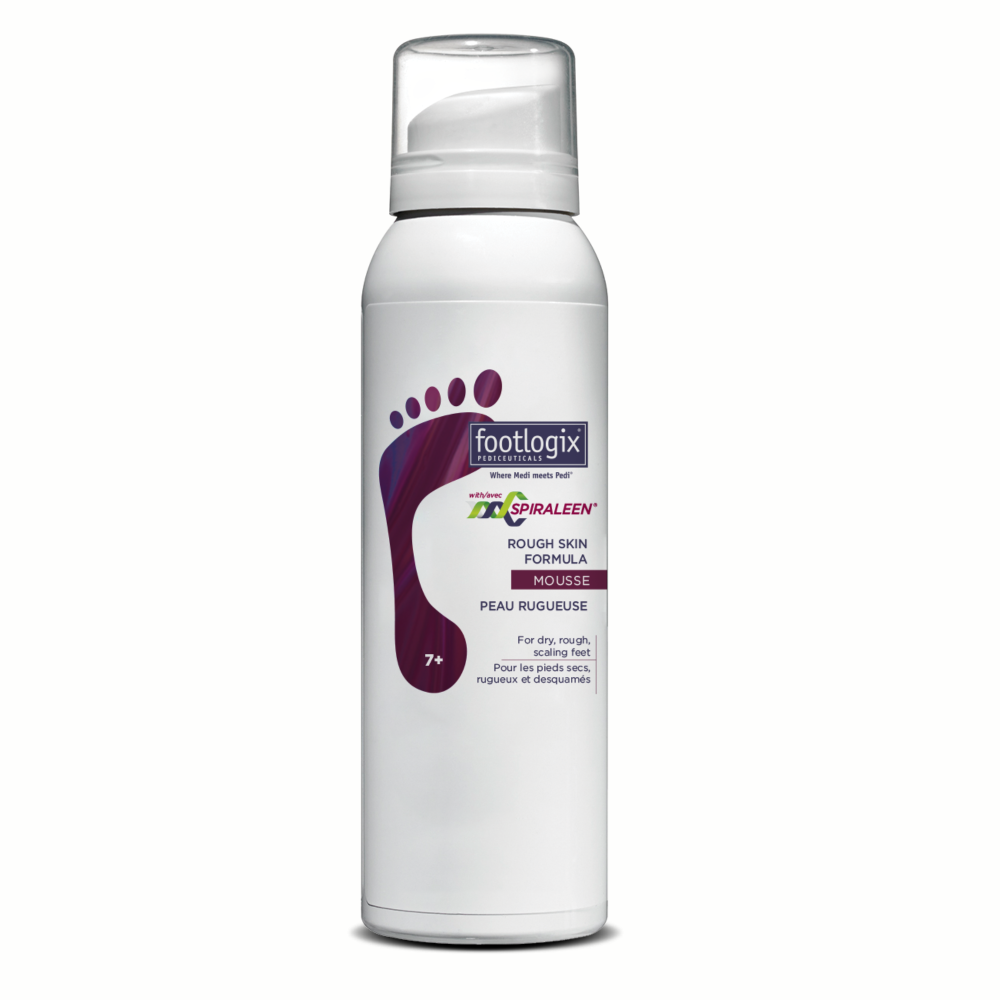 Footlogix Rough Skin Formula Mousse with Spiraleen®, shown in a 4.23 oz white canister featuring a maroon foot graphic. Designed for dry, rough, scaling feet.