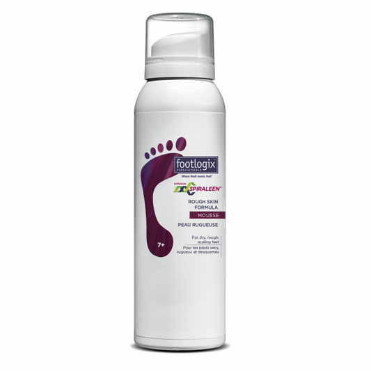 Footlogix Rough Skin Formula Mousse with Spiraleen®, shown in a 4.23 oz white canister featuring a maroon foot graphic. Designed for dry, rough, scaling feet.