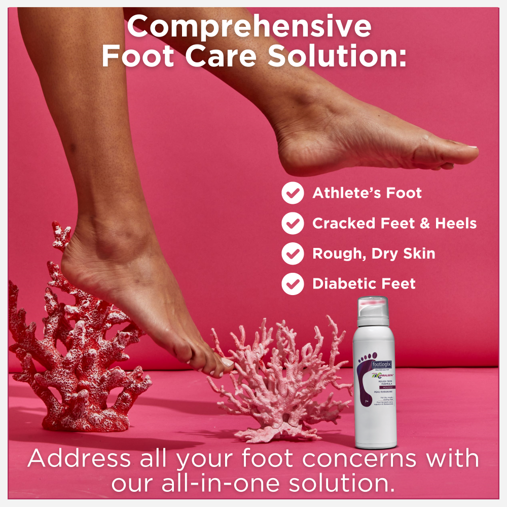 Promotional graphic featuring feet above coral on a pink background. Highlights benefits of Footlogix Rough Skin Formula: athlete’s foot care, cracked heels, rough skin, and diabetic-friendly formula.