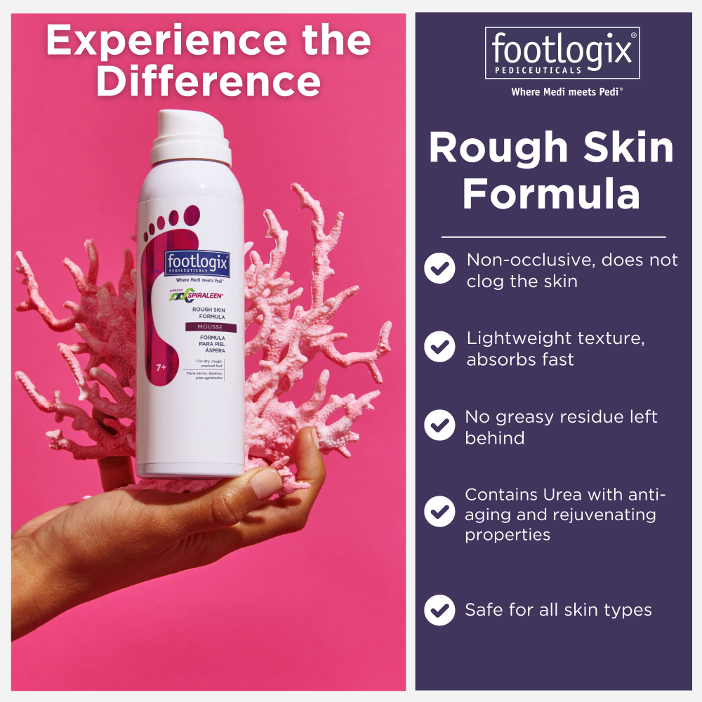 Footlogix Rough Skin Formula can held in front of pink coral. Lists product features including non-occlusive formula, fast absorption, no greasy residue, Urea-based hydration, and skin-type safety.
