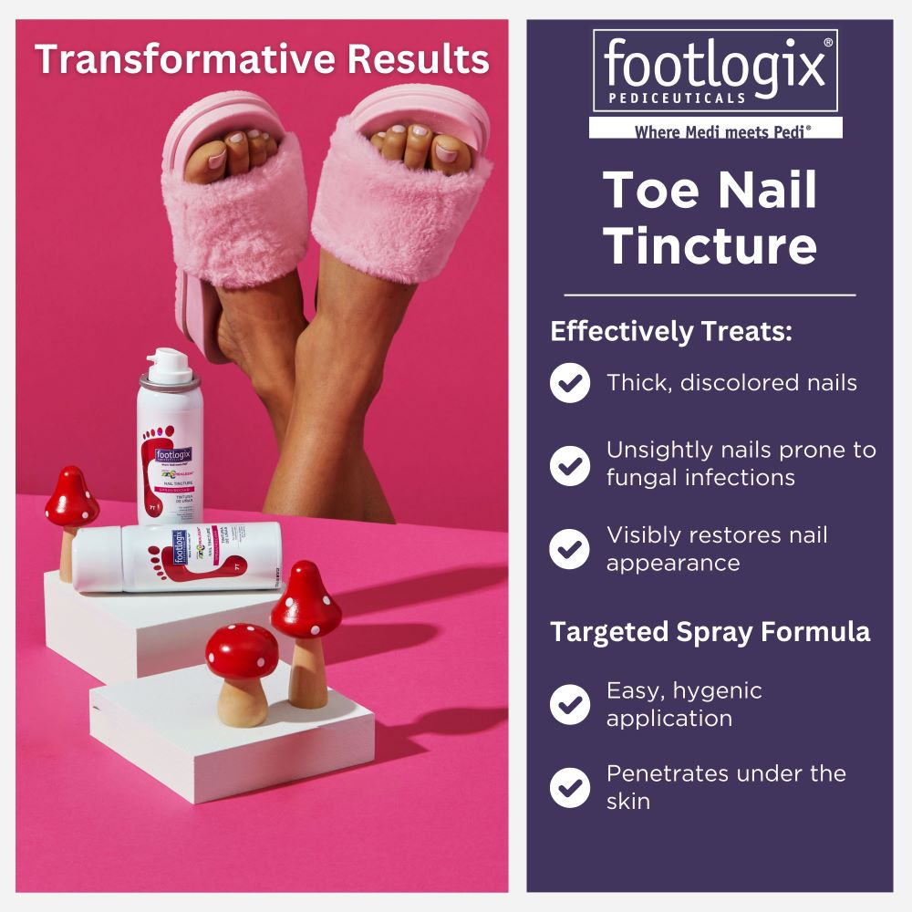 Footlogix Toe Nail Tincture promotional graphic with a person wearing pink slippers and product display. Highlights include treatment for discolored nails, fungal-prone toenails, and hygienic spray application.