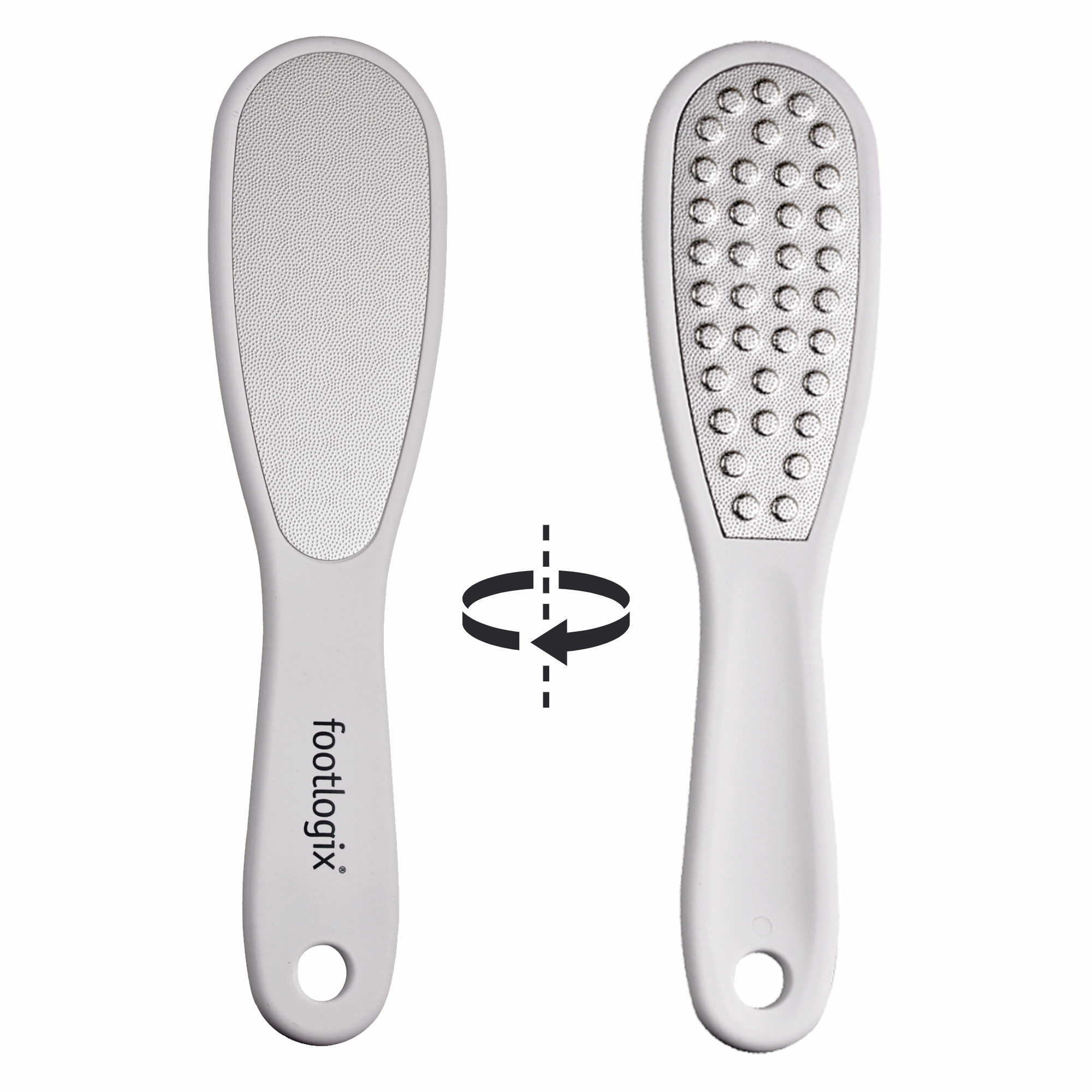 Front and back view of the Footlogix professional double-sided foot file featuring fine and coarse stainless steel surfaces.