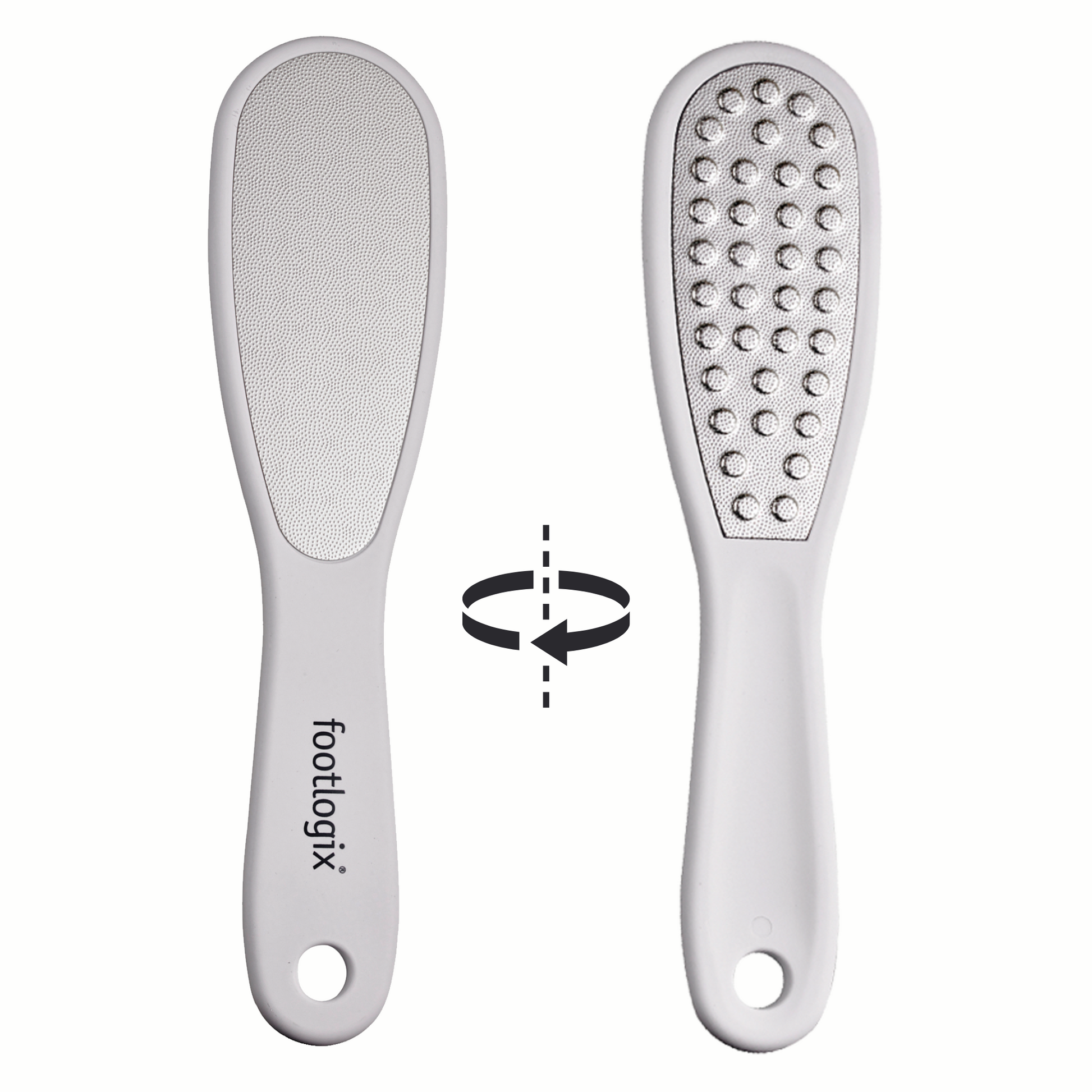 Front and back view of the Footlogix professional double-sided foot file featuring fine and coarse stainless steel surfaces.