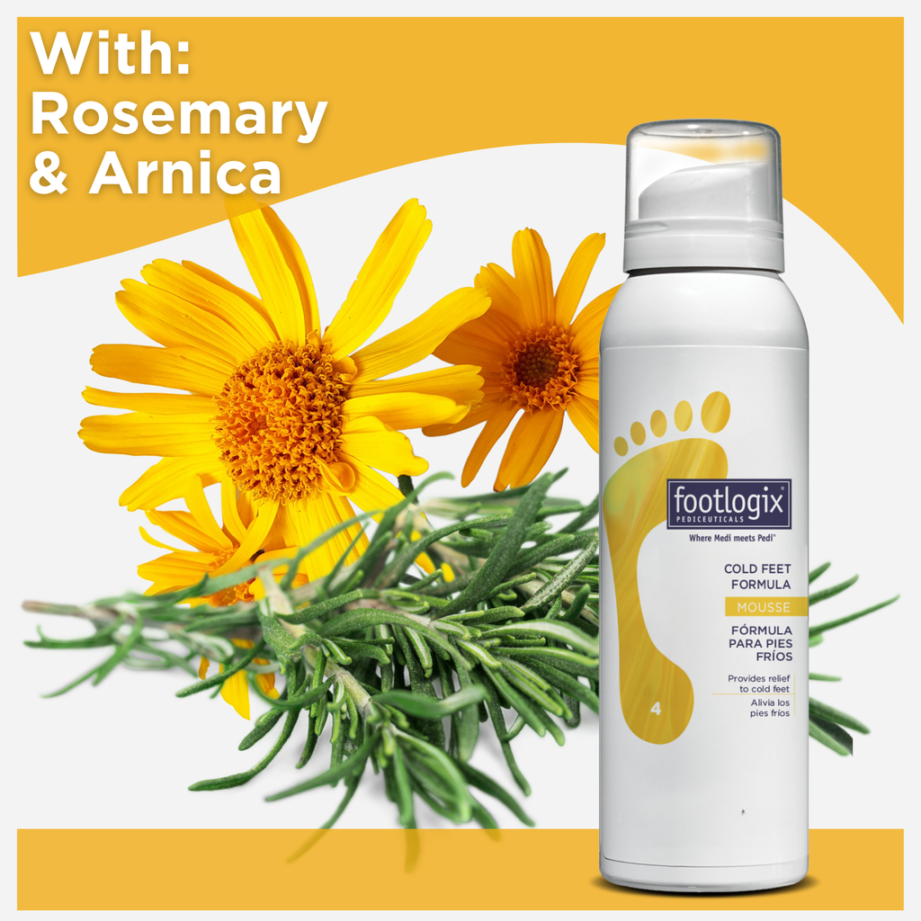 Footlogix Cold Feet Formula Mousse bottle placed next to fresh sprigs of rosemary and bright yellow arnica flowers, highlighting natural ingredients.