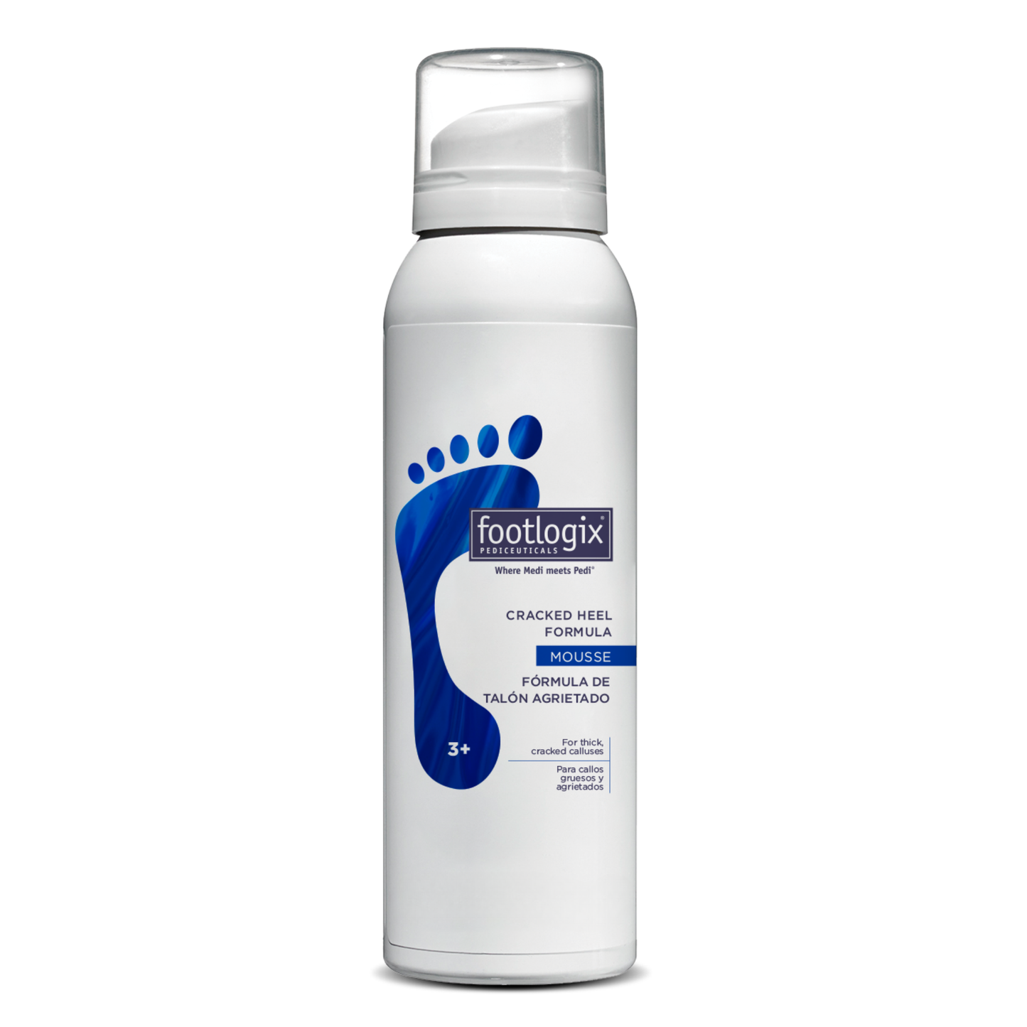Footlogix Cracked Heel Formula Mousse – 4.23 oz canister. Professional-grade foot care product for repairing dry, cracked heels and thick calluses.