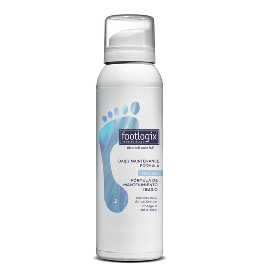 Footlogix Daily Maintenance Formula Mousse can (125 ml / 4.23 oz) with a sleek white and blue design, featuring a blue footprint graphic and labeled for daily hydration and skin barrier protection.