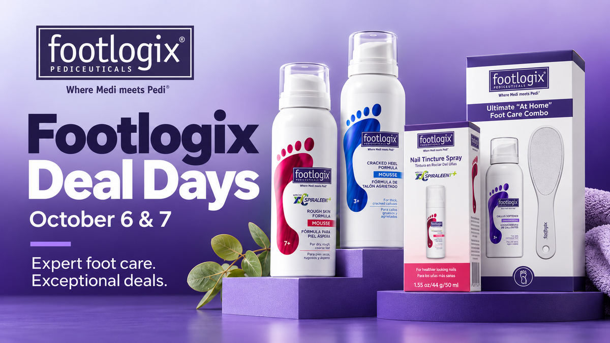 Footlogix foot care products displayed on purple pedestals in a promotional ad layout. Visible items include Footlogix Enchanted Sandal Wash, Footlogix Enchanted Sandal Dry, Footlogix Enchanted Sandal Cream, Footlogix Nail Tincture Spray, and Footlogix Ultimate All Home Foot Care Combo box.