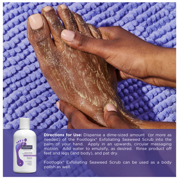 Close-up of a person applying Footlogix Seaweed Scrub to their foot on a textured purple towel, with directions stating how to use it on the feet, legs, and body.