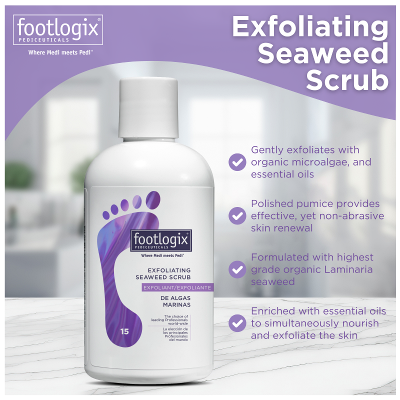 Image of a Footlogix Exfoliating Seaweed Scrub bottle with callouts highlighting benefits: exfoliates with microalgae and essential oils, includes polished pumice for gentle exfoliation, made with organic Laminaria seaweed, and enriched to nourish and renew skin.