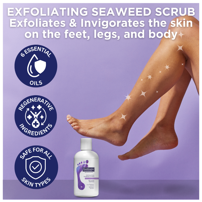 Image showing smooth, glowing legs beside the Footlogix Seaweed Scrub bottle with icons for essential oils, regenerative ingredients, and skin type safety. Headline reads: “Exfoliates & Invigorates the skin on the feet, legs, and body.”