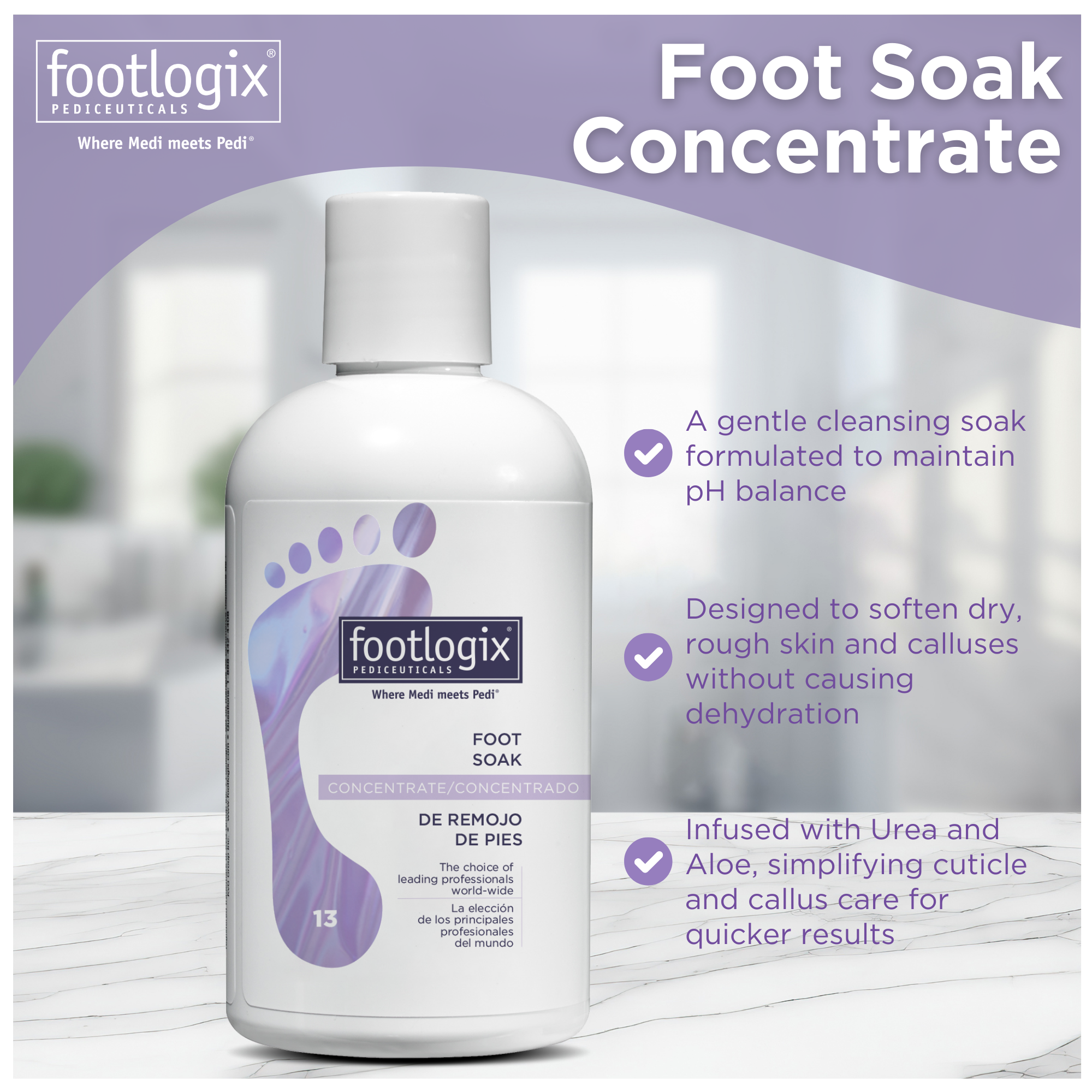 A bottle of Footlogix Foot Soak Concentrate shown with key benefits listed, including pH balance, softening dry skin without dehydration, and infusion with Urea and Aloe.