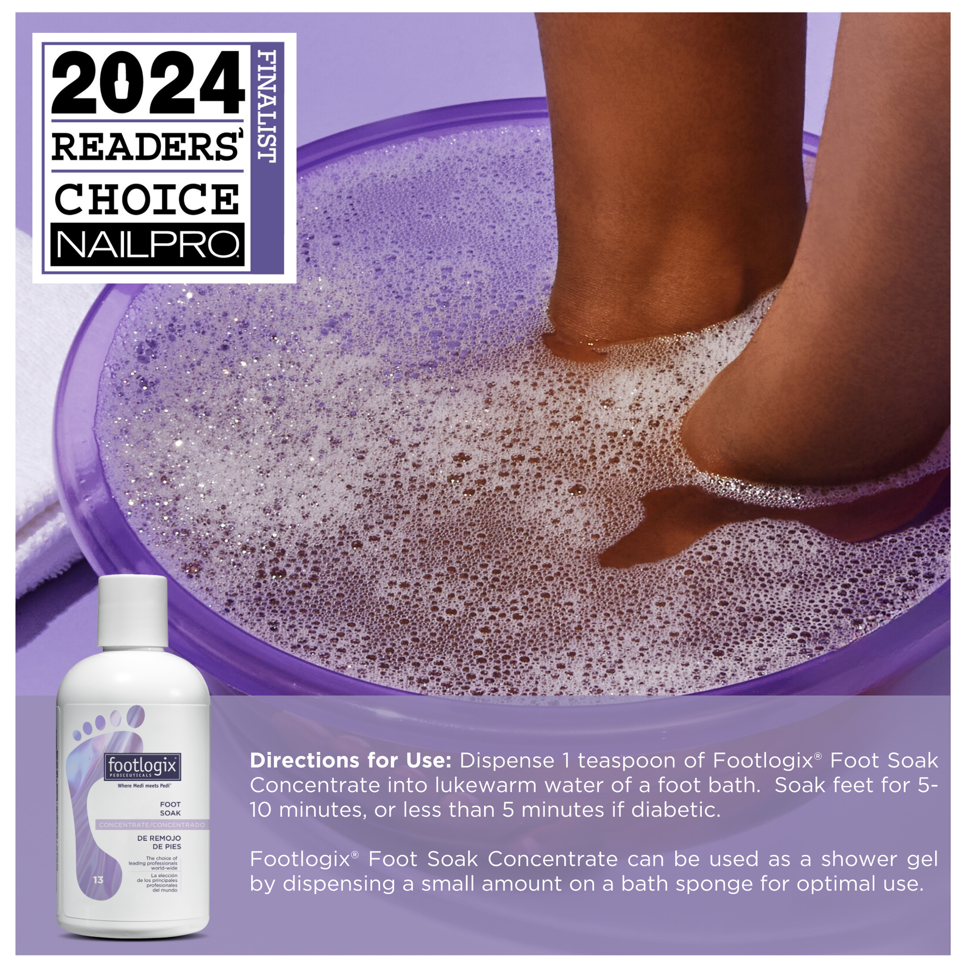 A person soaking their feet in a foamy purple foot bath next to a bottle of Footlogix Foot Soak Concentrate, with usage directions displayed including dosage and application time.