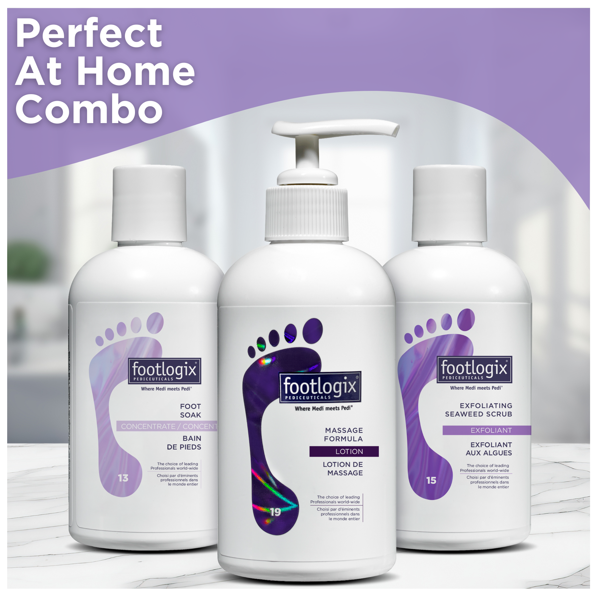  A trio of Footlogix products—Foot Soak Concentrate, Massage Formula Lotion, and Exfoliating Seaweed Scrub—lined up together with the headline 