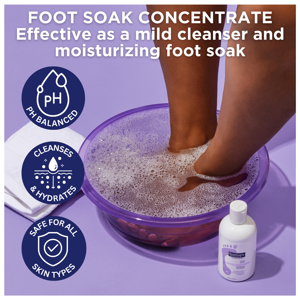 Feet soaking in a bubbly purple foot bath with product icons showing pH balance, hydration, and suitability for all skin types, alongside a bottle of Footlogix Foot Soak Concentrate.