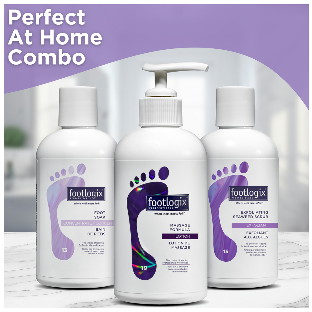 A trio of Footlogix products—Foot Soak Concentrate, Massage Formula Lotion, and Exfoliating Seaweed Scrub—lined up together with the headline "Perfect At Home Combo" in the background.