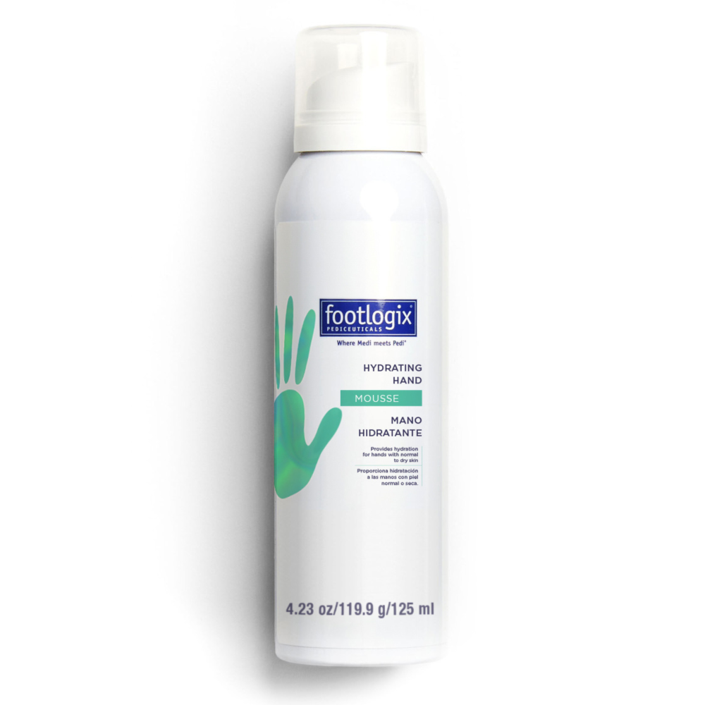 Footlogix Hydrating Hand Mousse in a 125 ml white canister featuring a green hand graphic. Designed to moisturize and soften dry hands with a lightweight, non-greasy formula.