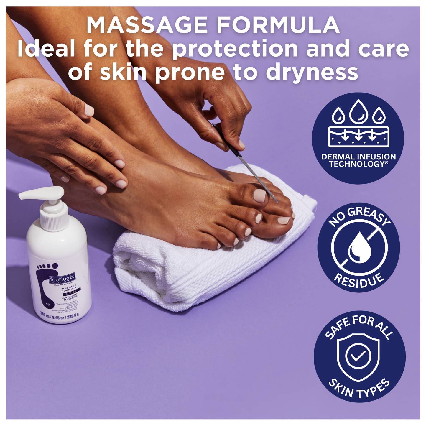 Overhead image of someone filing their toenails with one foot resting on a white towel, next to a bottle of Footlogix Massage Formula. Features icons that highlight the product as non-greasy, safe for all skin types, and powered by Dermal Infusion Technology®.