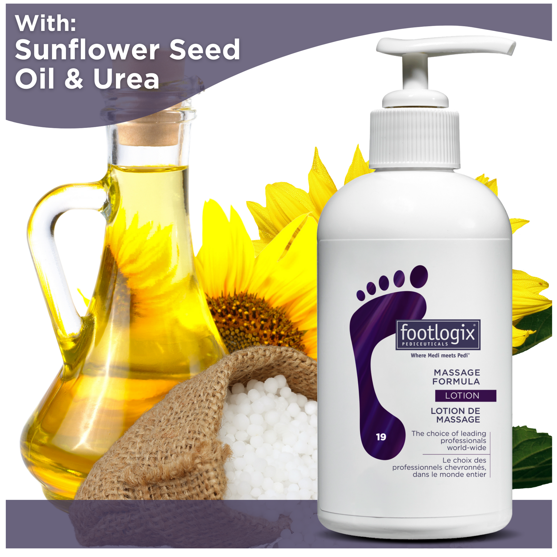 Product image of Footlogix Massage Formula bottle next to natural ingredients: a glass bottle of sunflower oil, sunflower flowers, and a burlap sack spilling Urea granules. A text overlay reads: “With: Sunflower Seed Oil & Urea.”