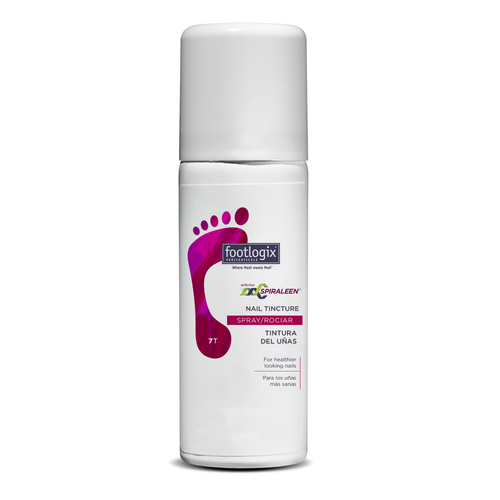 Footlogix Nail Tincture Spray for clear, healthy-looking nails shown in a 50 ml white canister featuring a pink foot graphic. Designed to support healthier-looking nails.