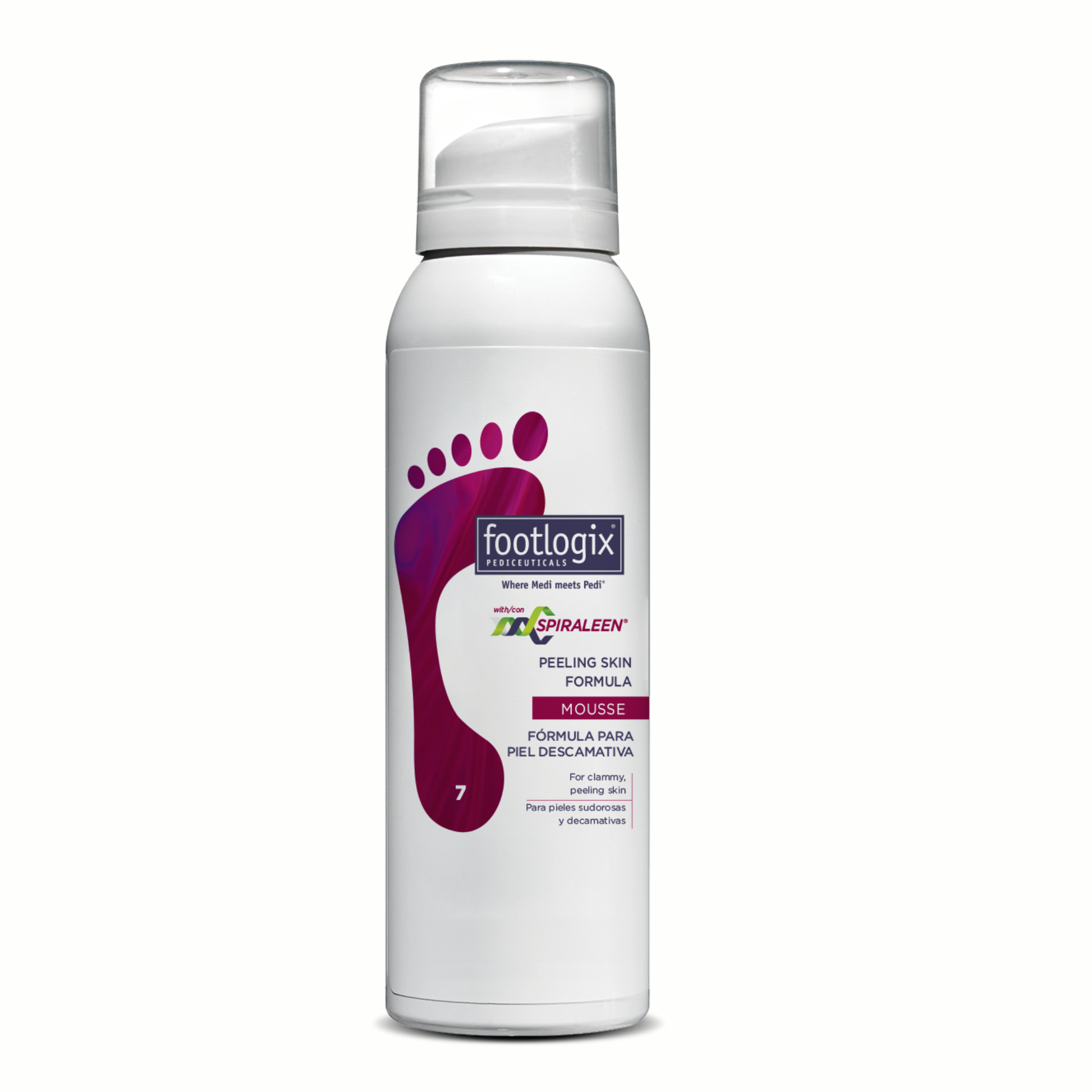 Footlogix Peeling Skin Formula Mousse with Spiraleen®, shown in a 4.23 oz white canister featuring a maroon foot graphic. Designed for clammy, peeling skin on the feet.