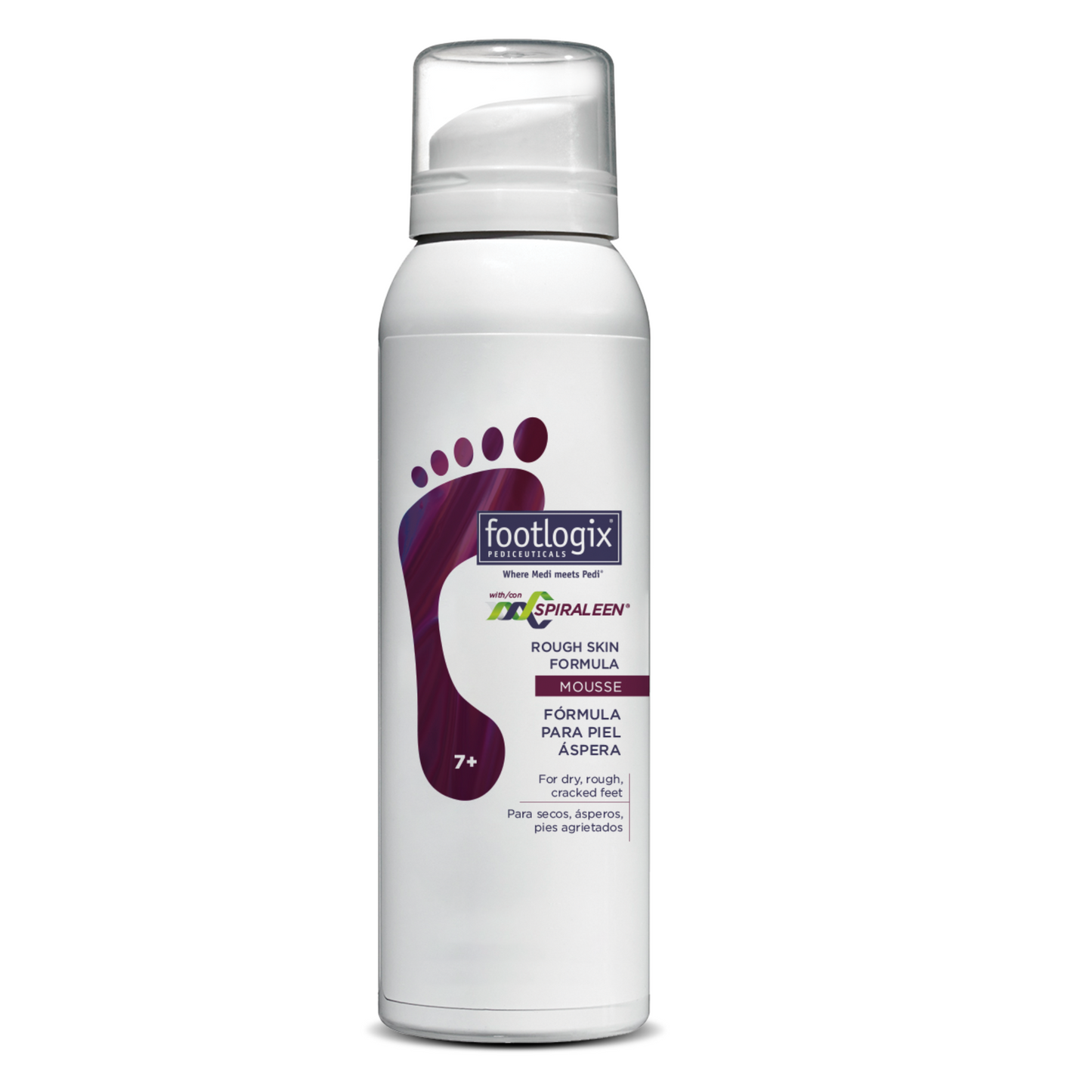 Footlogix Rough Skin Formula Mousse with Spiraleen®, shown in a 4.23 oz white canister featuring a maroon foot graphic. Designed for dry, rough, scaling feet.